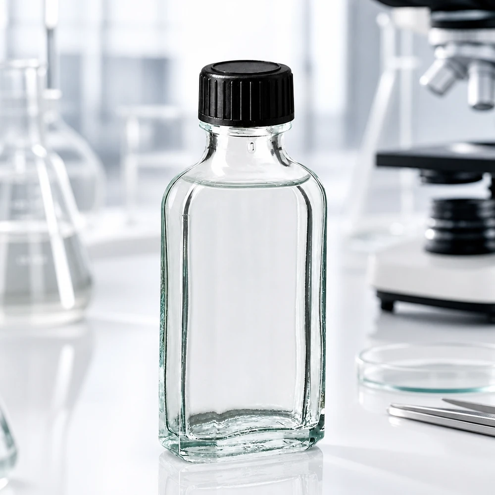 Transparente Meplat Flasche 50 ml mit schwarzem Verschluss neben Mikroskop und Petrischale