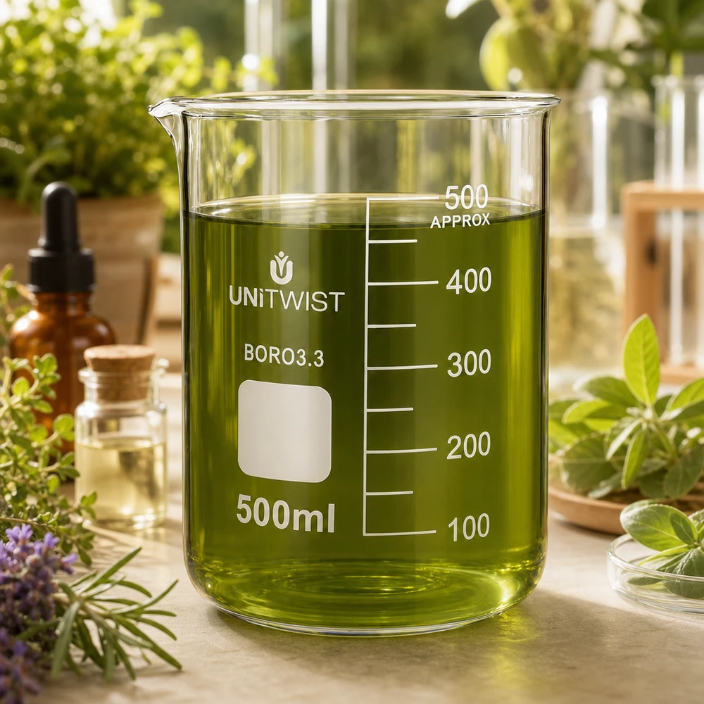 Becherglas 500ml Borosilikat, niedrige Form UNiTWIST Becherglas 500ml Borosilikat UNiTWIST niedrige Form neben ätherischen Ölen und Kräutern