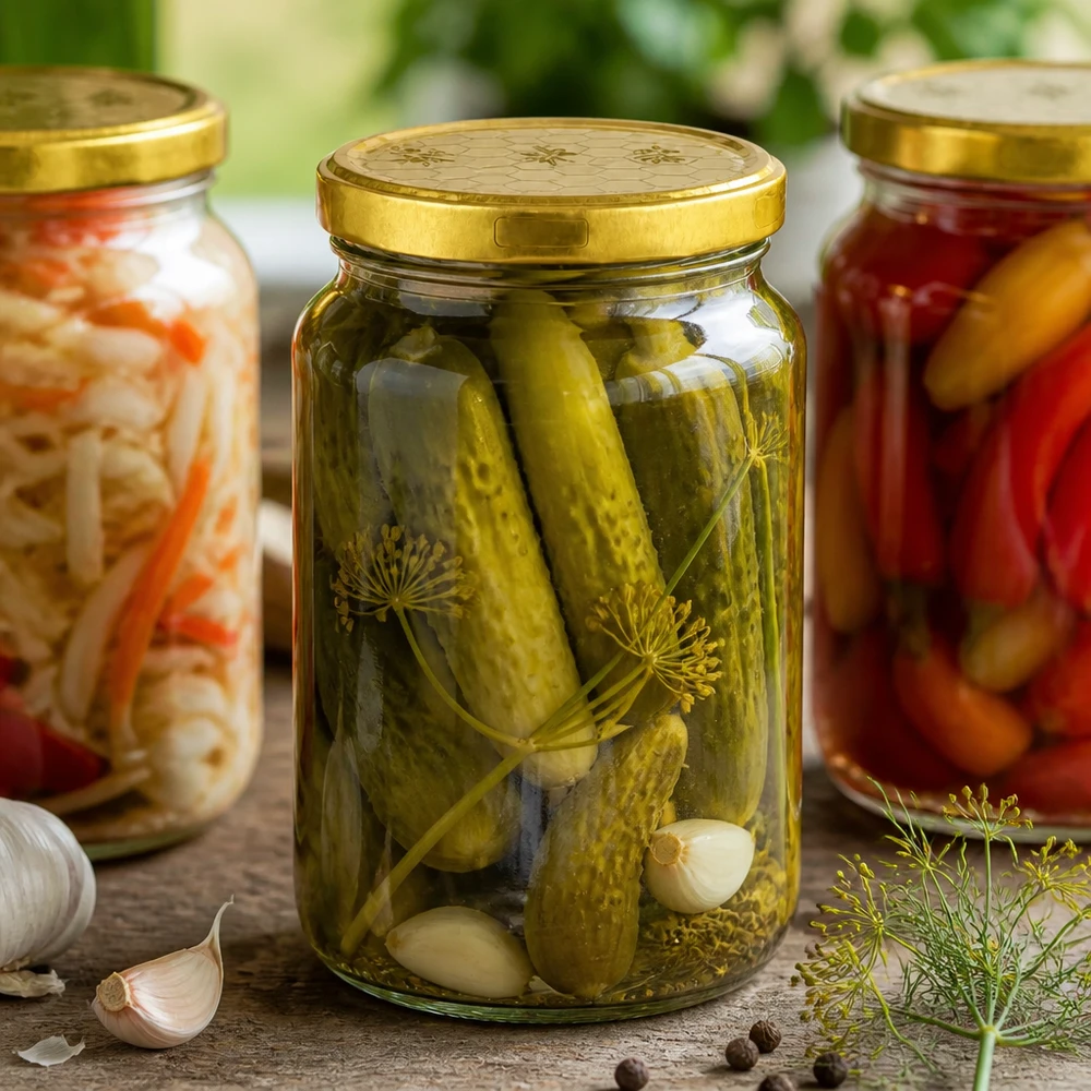 795ml Rundglas + BasicSeal Deckel Bienenwabe UNiTWIST 795ml Rundglas mit goldenem Deckel für Eingemachtes - Gurken, Sauerkraut und Mixed Pickles in Vorratsgläsern