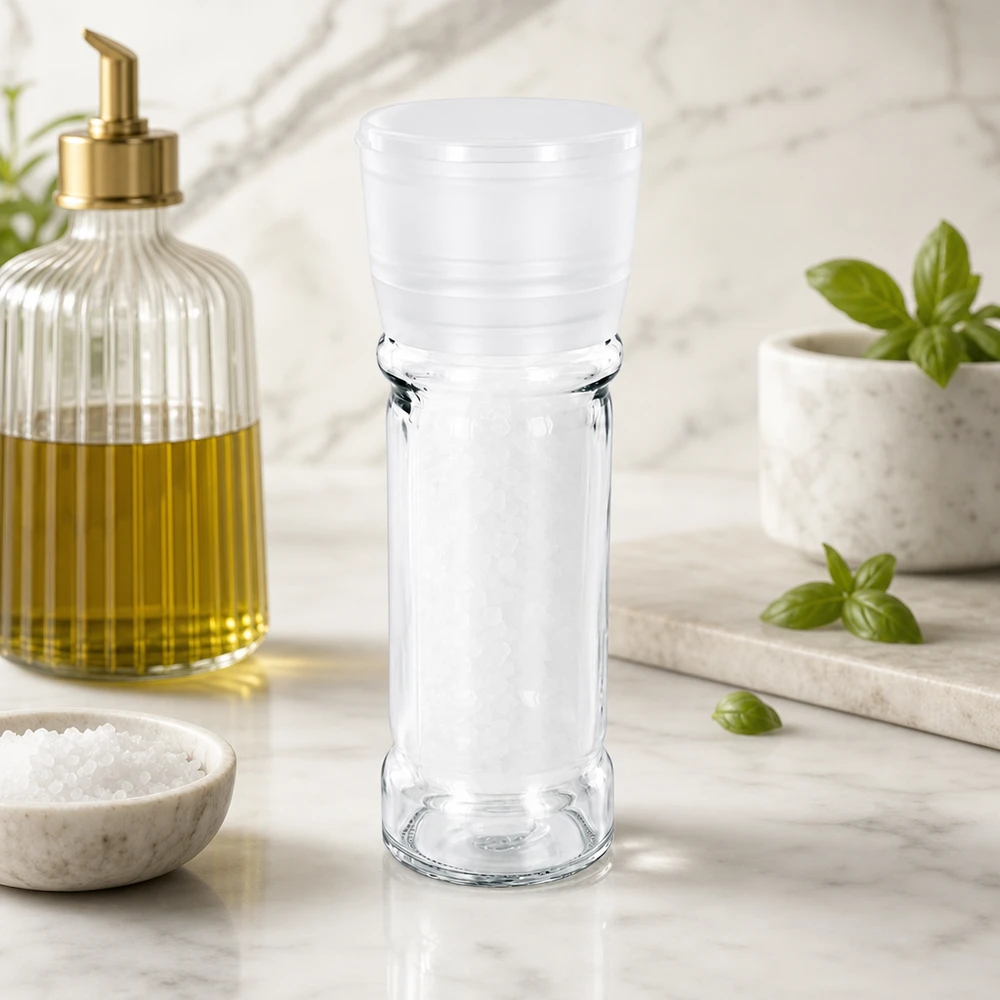 Salz-/Gewürzglas 100ml mit Mühle Vario weiss Schlankes Gewürzglas 100ml mit integrierter Mühle ideal für grobes Meersalz und Pfefferkörner