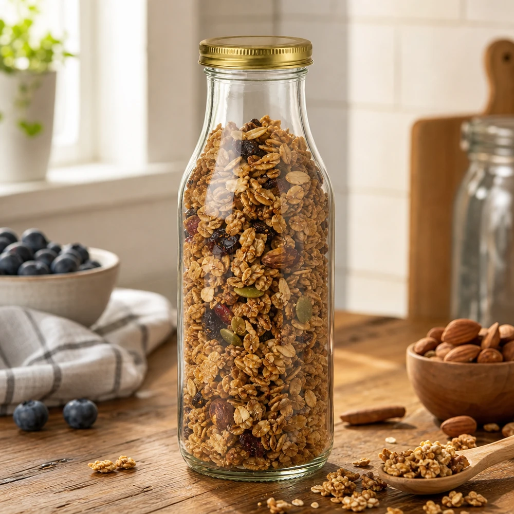 263ml Flasche mit BioSeal Deckel gold UNiTWIST UNiTWIST Bottle263 mit Müsli befüllt zeigt goldenen TO43 BioSeal Deckel in rustikaler Küchenumgebung mit Nüssen