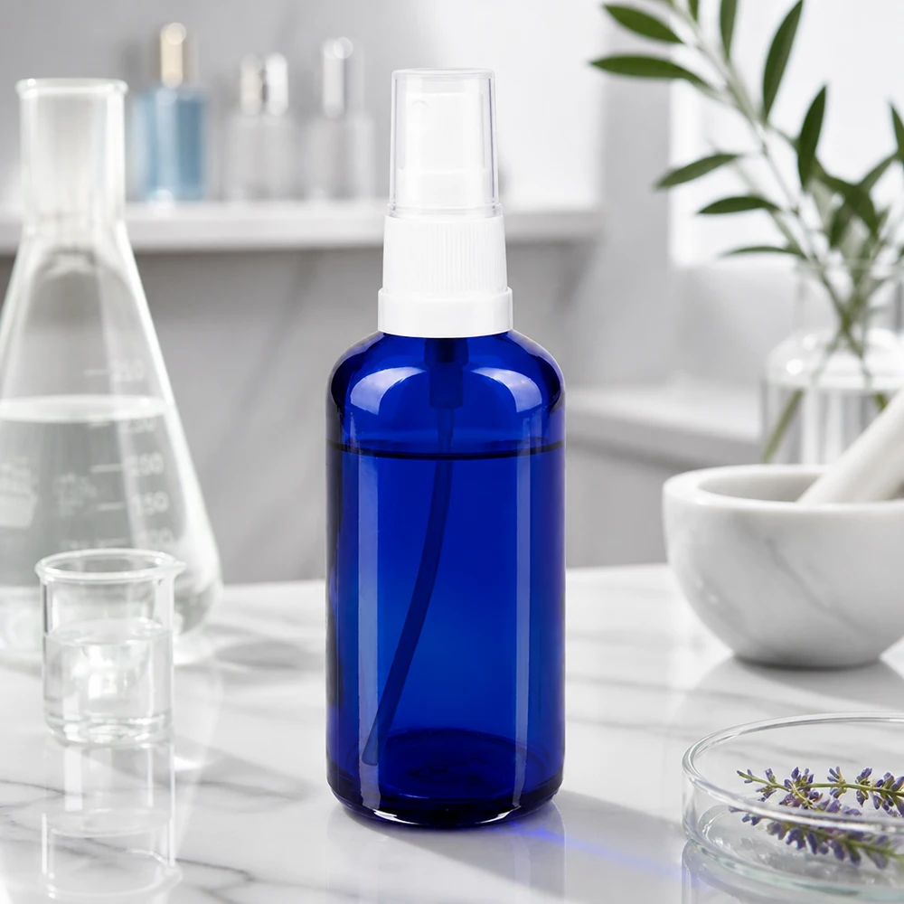 Apothekenflasche blau 50ml Sprayaufsatz weiß Kompakte 50ml Blauglasflasche mit weißem Pumpzerstäuber ideal für ätherische Öle