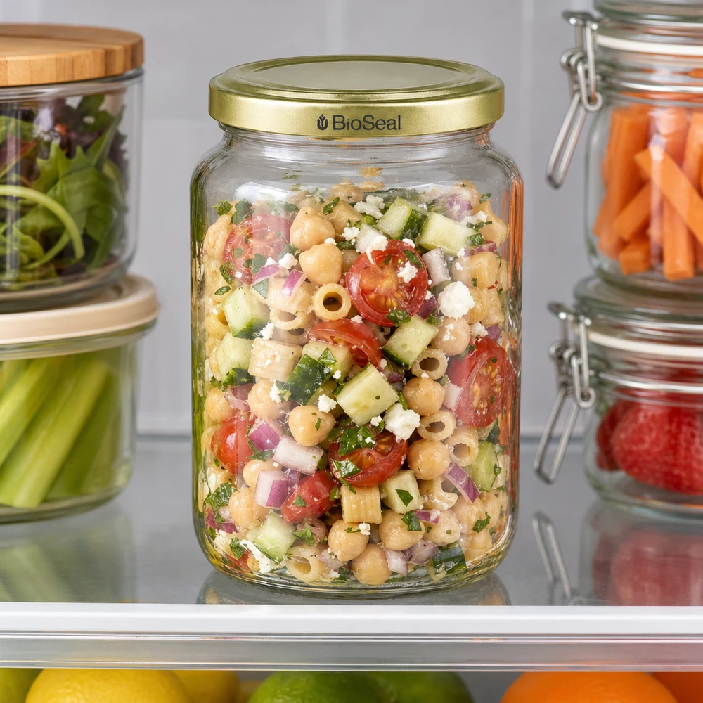 1000g BioSeal Honigglas mit buntem Kichererbsensalat und Gemüse zeigt ideale Meal Prep Aufbewahrung im Kühlschrank