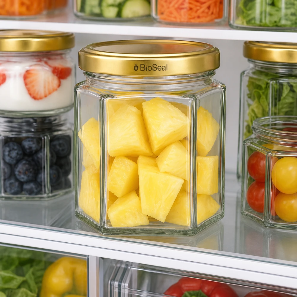 47ml Hexaglas mit BioSeal Deckel gold UNiTWIST UNiTWIST Hexa47 Glasgefäß mit Ananas-Stücken im Kühlschrank - perfekt für frische Lebensmittel-Aufbewahrung