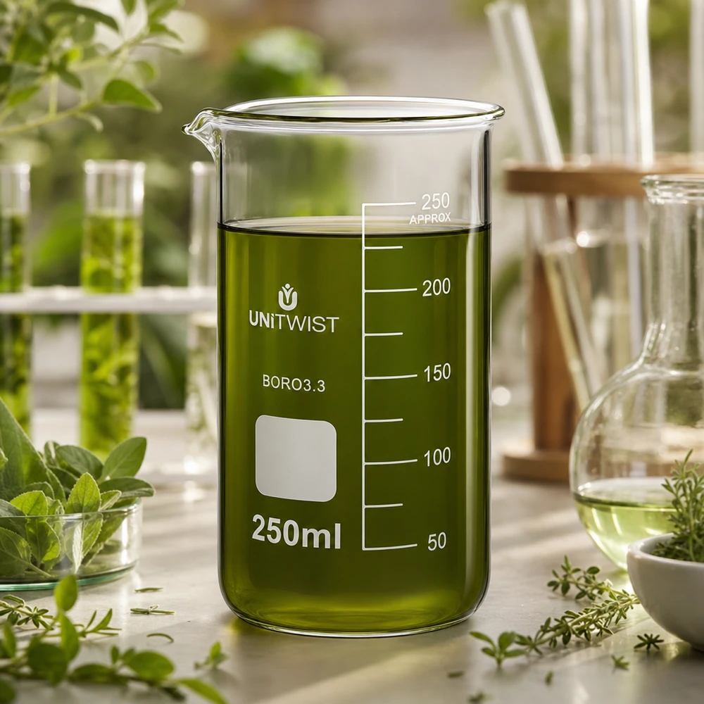 Becherglas 250ml Borosilikat, hohe Form UNiTWIST Klares Laborglas UNITWIST 250ml hohe Form mit grünem Naturextrakt auf hellem Labortisch