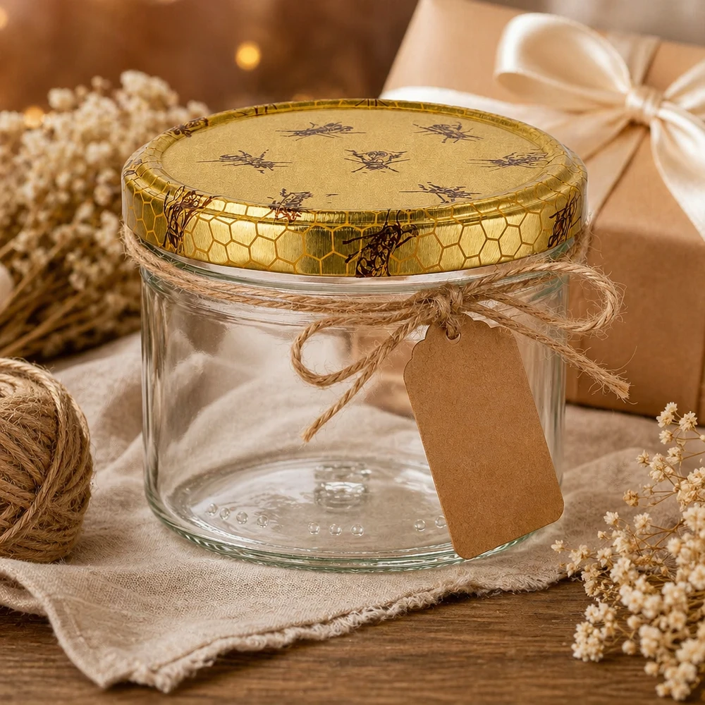 300g Honigglas mit dekorativem Bienenmotiv-Deckel, Geschenkverpackung und rustikaler Präsentation auf Holz