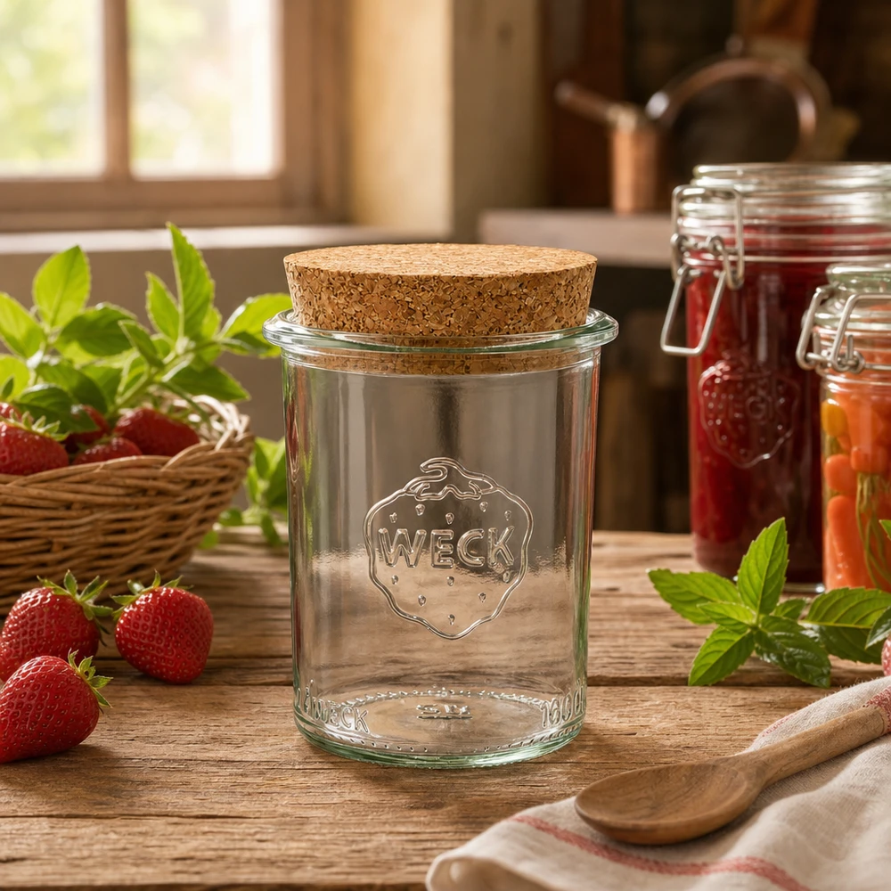 160ml Sturzglas WECK RR60 mit Korken natur WECK RR60 Einmachglas 160ml mit Korkdeckel in rustikaler Küche neben Erdbeeren und Marmeladengläsern