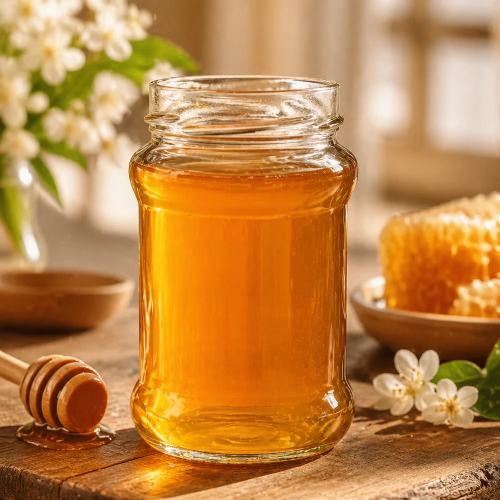 Rundglas 390ml mit goldgelbem Honig gefüllt auf Holztisch mit Honiglöffel und Blüten UNiTWIST Runda390 TO66deep