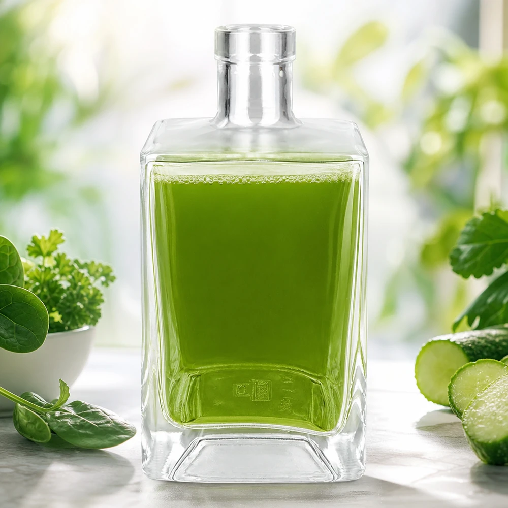 700ml Glasflasche "Gali" ohne Verschluss UNiTWIST® Glasflasche Ben 700ml mit grünem Saft befüllt umgeben von frischen Kräutern Gurken und Spinat als Detox-Smoothie