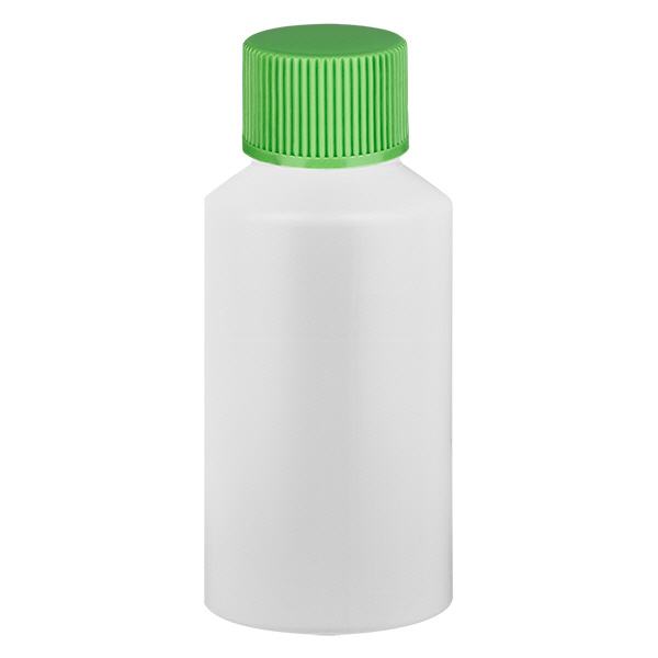 Apothekenflasche HDPE 50ml weiß, mit grünem Schraubverschluss Apothekenflasche HDPE 50ml weiß, mit grünem Schraubverschluss