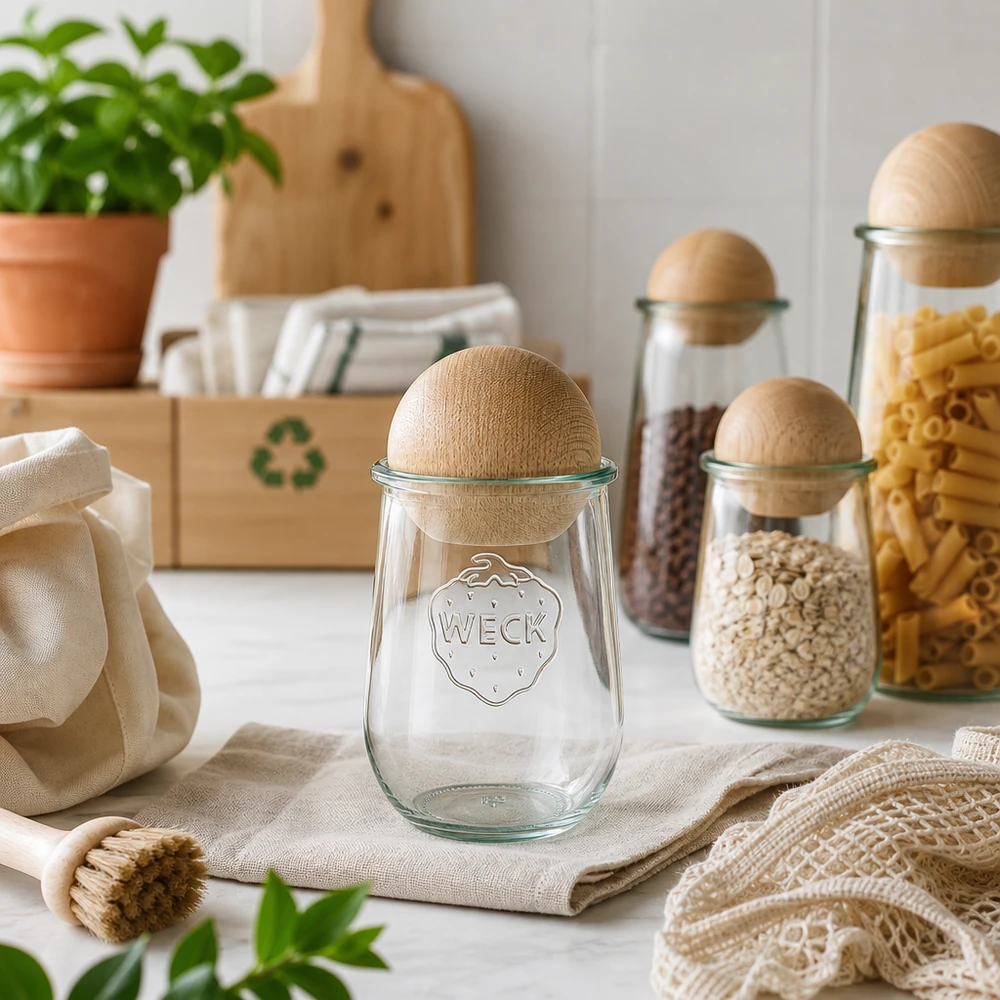 1062ml Tulpenglas WECK RR100 mit Holzkugel Buche WECK Tulpenglas 1062ml RR100 mit Buchenkugel in nachhaltiger Zero-Waste-Küche mit Recycling-Symbol und Naturmaterialien