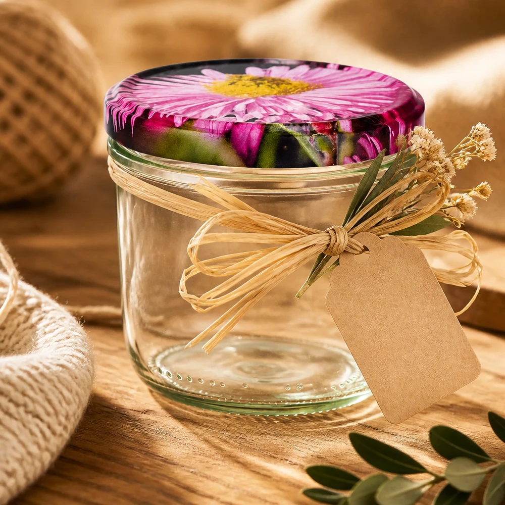 230ml Sturzglas + BasicSeal Deckel Blüten-Dekor UN Geschenkverpackung Sturzglas 230ml mit BasicSeal Blütendeckel, Bastschleife und Anhänger auf Holzuntergrund