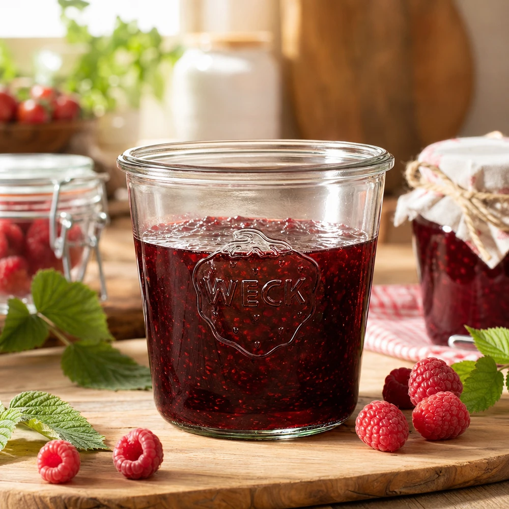 580ml Sturzglas WECK RR100 WECK Sturzglas 580ml RR100 mit Himbeermarmelade gefüllt auf Holzbrett mit frischen Himbeeren und Minzblättern