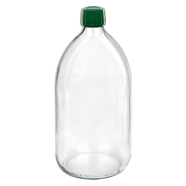 1000ml Medizinflasche klar, Verschluss grün mit Originalitätsring ApoGlas 1000ml Medizinflasche klar, Verschluss grün mit Originalitätsring ApoGlas