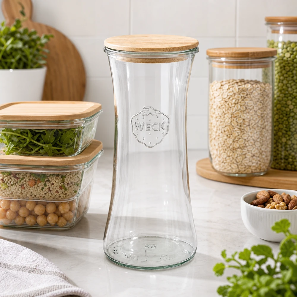 700ml Delikatessenglas WECK RR80 mit Holzdeckel WECK Delikatessenglas 700ml leer in moderner Küche mit Vorratsgläsern und Lebensmitteln organisierte Aufbewahrung