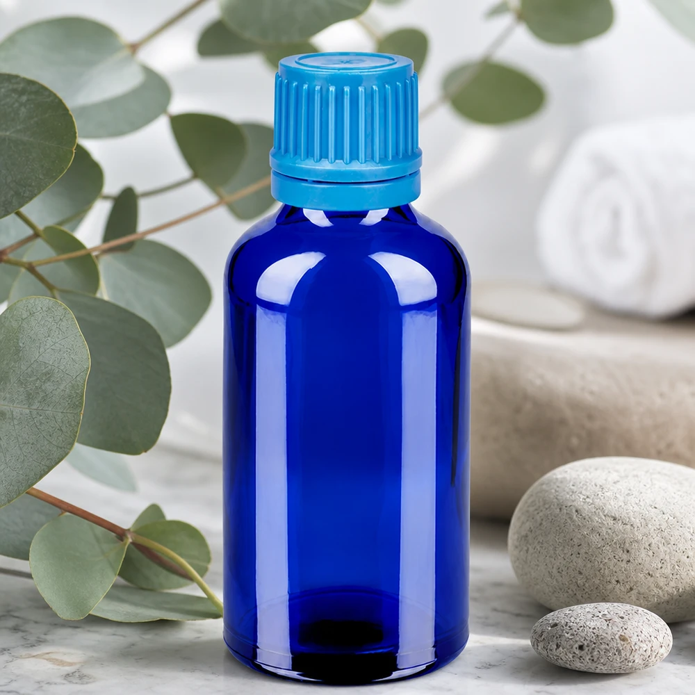 50ml Flasche 11mm Schraubverschluss blau Originalitätsverschluss BlueLine UT18/50 Elegante kobaltblaue 50ml Flasche mit Kindersicherung perfekt für DIY-Mischungen und Tinkturen