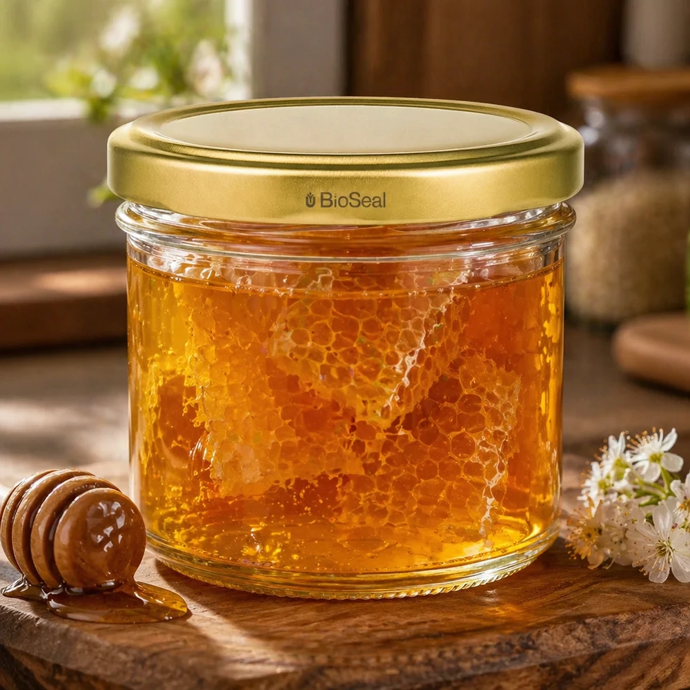 125ml Sturzglas mit BioSeal Deckel gold UNiTWIST UNiTWIST 125ml Honigglas mit Wabe gefüllt - goldener TO66 Deckel auf Holzuntergrund mit Blütendeko und Honiglöffel