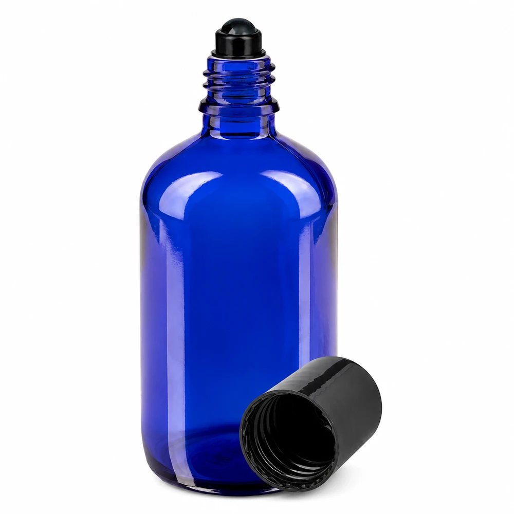 100ml Roll-On Flasche aus blauem Schutzglas mit schwarzem Rollball und Deckel