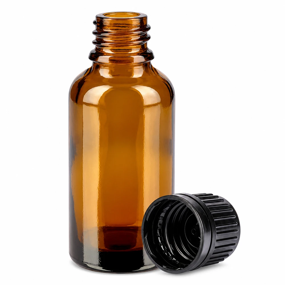 Kompakte 30ml braune Glasflasche mit schwarzem Verschluss für Labor und Kosmetik