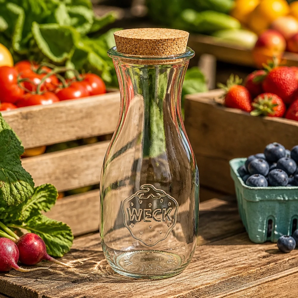 WECK Saftflasche 530ml leer mit Korkverschluss zwischen frischem Obst und Gemüse auf Holztisch natürliche Küche