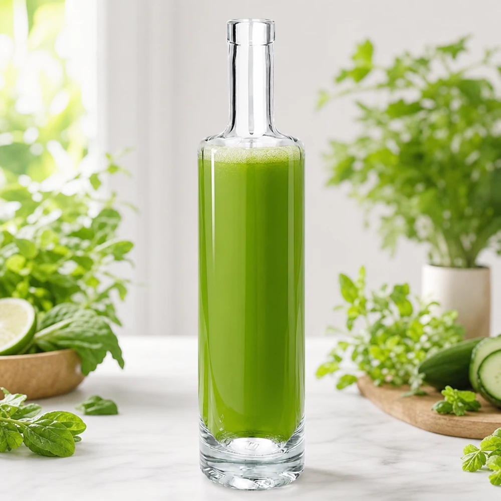 500ml Glasflasche Lina mit grünem Smoothie gefüllt zwischen frischen Kräutern und Gemüse in natürlicher Küchenszene