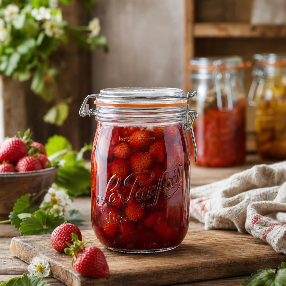 1000ml Vorratsglas "Super" mit Bügelverschluss Le Parfait® 1000ml Le Parfait Super Vorratsglas mit Bügelverschluss gefüllt mit Erdbeeren auf Holzbrett in rustikaler Küche