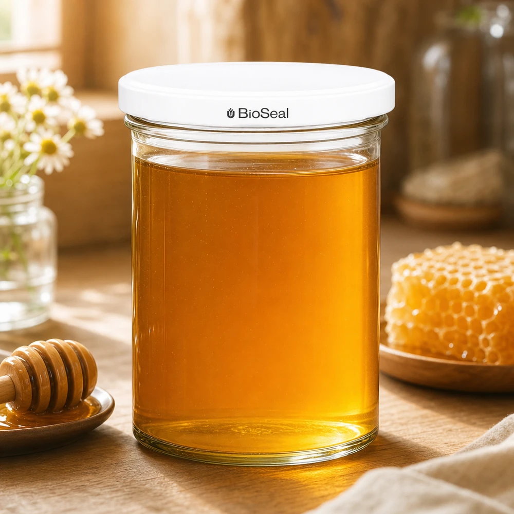 435ml Sturzglas mit BioSeal Deckel weiß UNiTWIST UNiTWIST Sturzglas 435ml mit Honig gefüllt neben Honigwabe und Honiglöffel zeigt natürliche Lebensmittellagerung