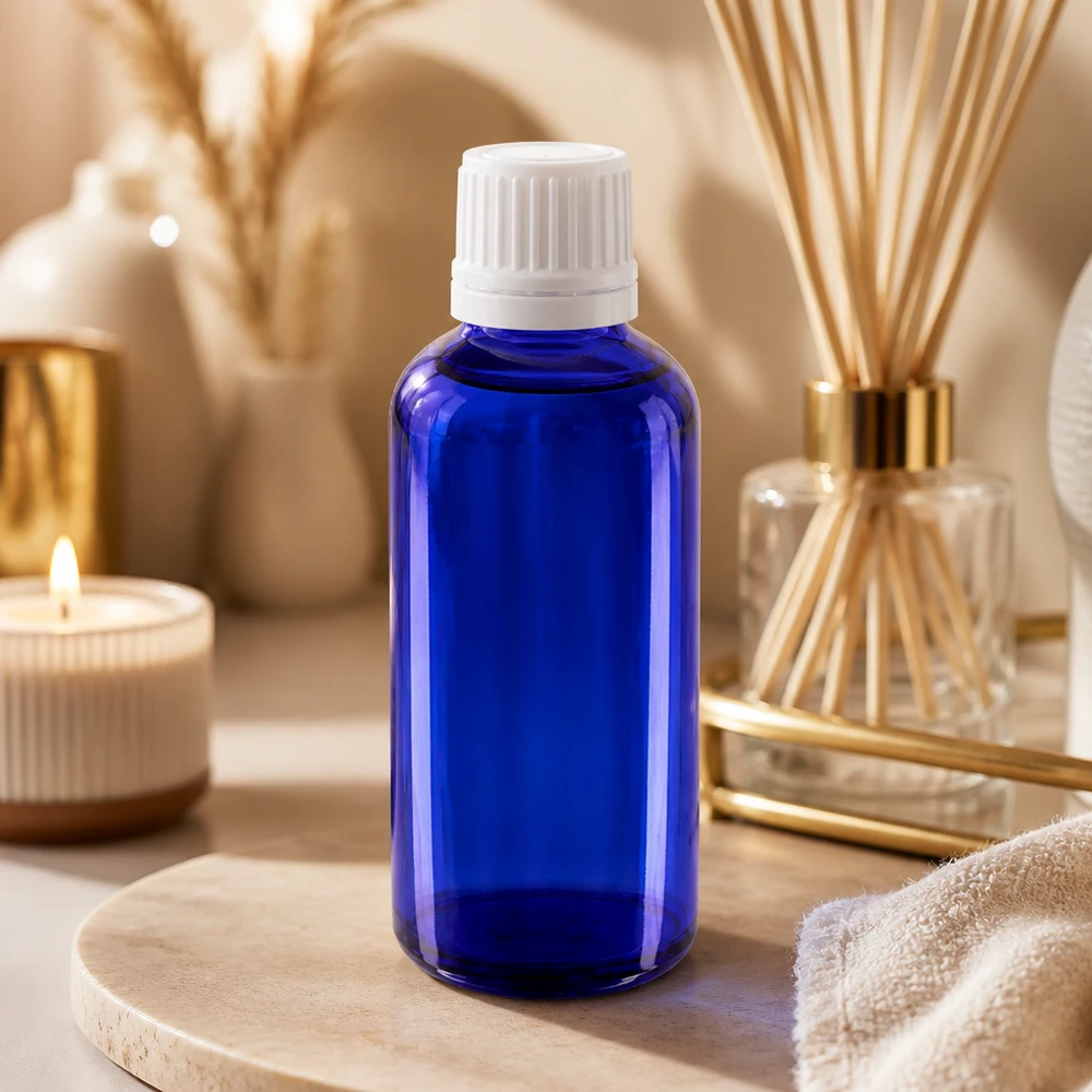 Apothekenflasche blau 50ml Tropfverschluss 1.2mm weiß Originalitätsverschluss Blaue 50ml Glasflasche mit weißem Schraubverschluss und Tropfeinsatz für Öle und Tinkturen