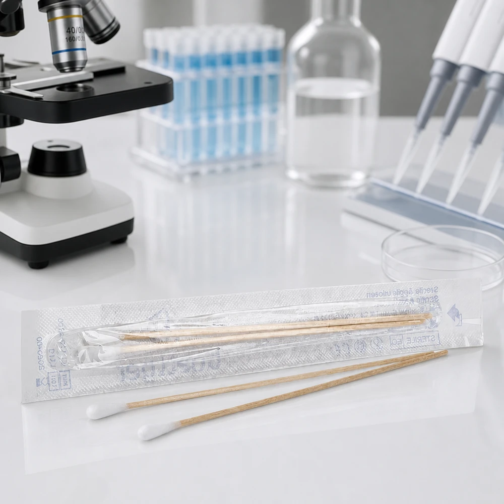 Wattestäbchen STERIL (2 Sück) Transparente Sterilverpackung mit zwei Wattestäbchen auf weißer Laborfläche Nahaufnahme