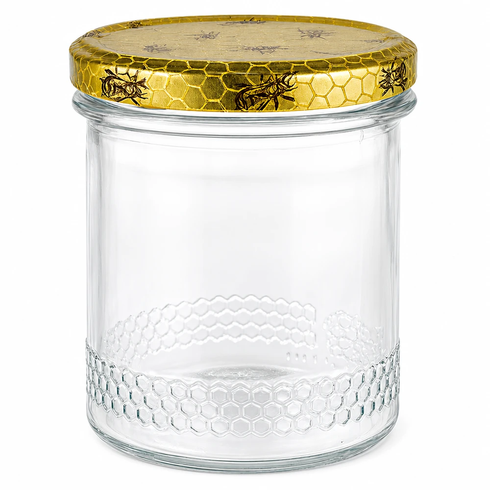 560g Honigglas + BasicSeal Deckel Bienenwabe UNiTWIST 400ml Honigglas mit goldenem Bienenwaben-Deckel, leeres Glas mit Wabenmuster für Honig und Imkerei