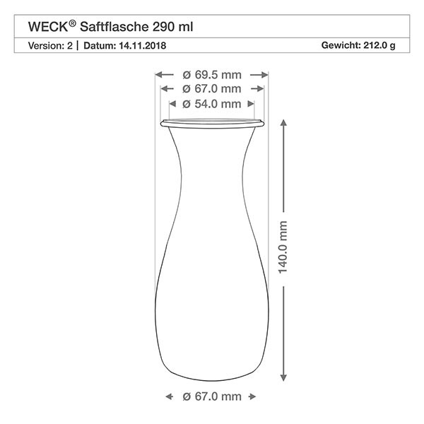 290ml Saftflasche mit Frischedeckel WECK RR60 Technische Zeichnung WECK 290ml Saftflasche mit Maßangaben Durchmesser 69,5mm Höhe 140mm Gewicht 212g RR60