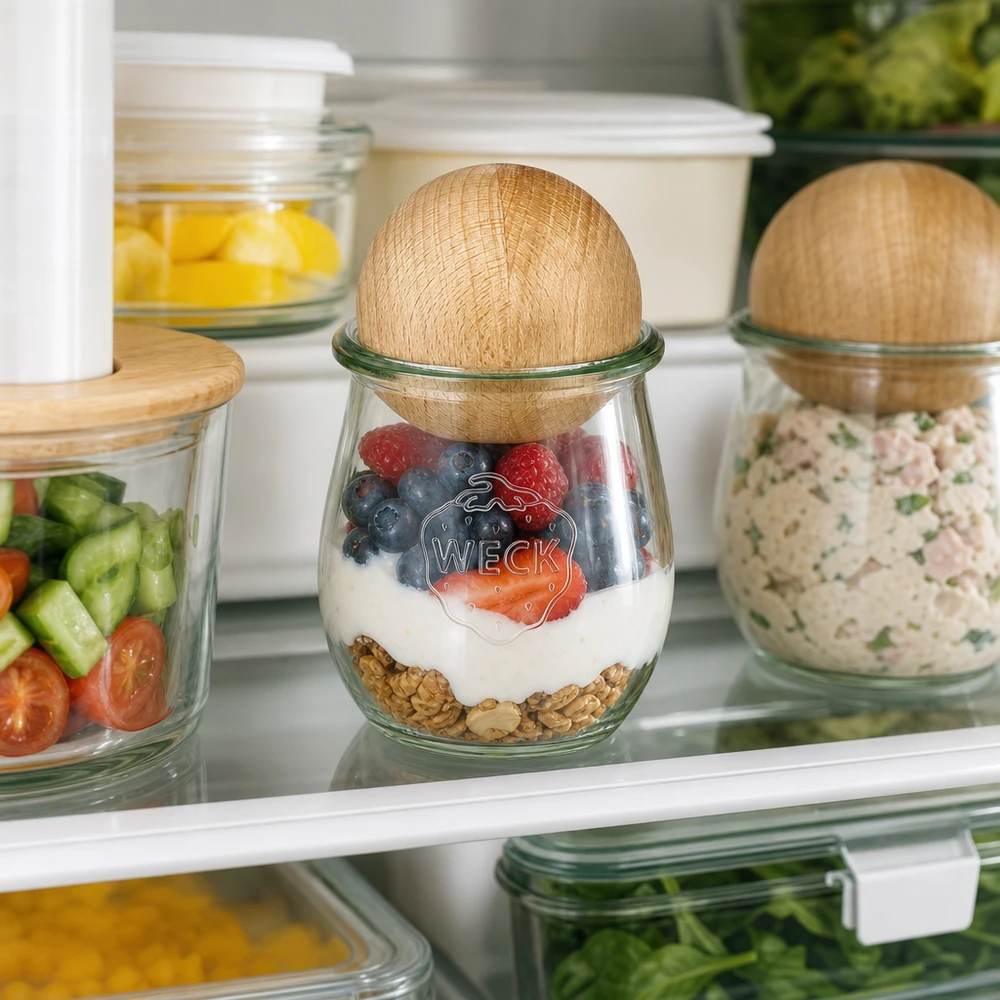 220ml Tulpenglas WECK RR60 mit Holzkugel Buche WECK Tulpenglas 220ml im Kühlschrank mit Joghurt-Beeren-Mix, Buchenkugel-Deckel Food Storage Organisation