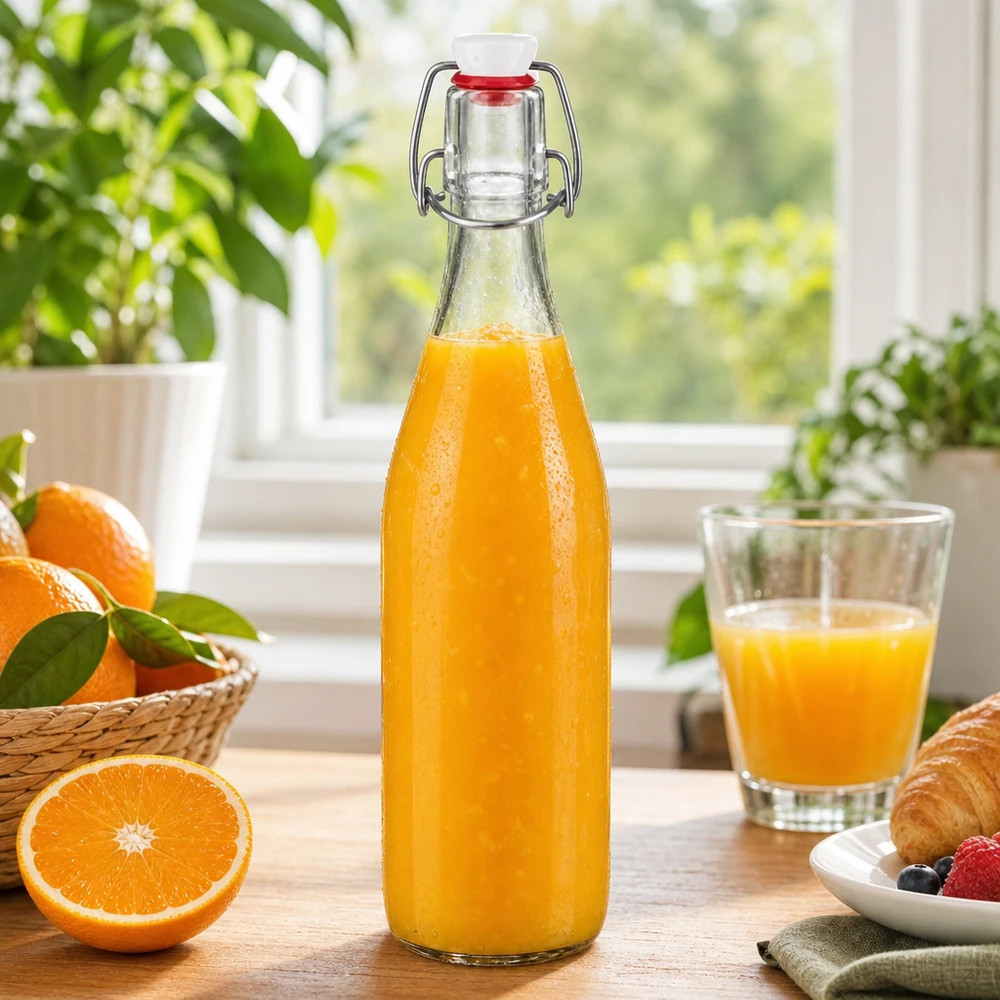 500ml Glasflasche und Bügelverschluss PVC UNiTWIST 500ml Glasflasche Bügelverschluss befüllt mit frischem Orangensaft Frühstück gesunde Getränke Vintage Design