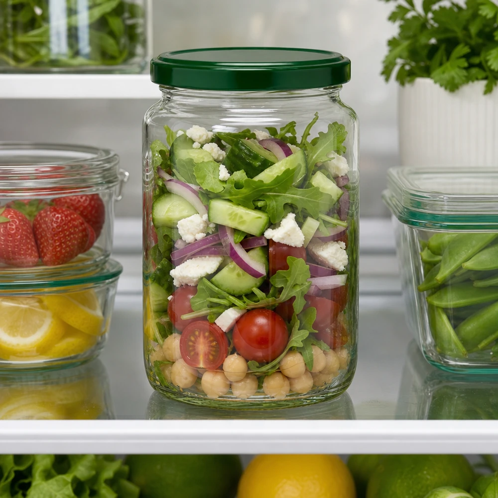 795ml Rundglas + BasicSeal Deckel grün UNiTWIST 795ml UNiTWIST Rundglas mit grünem Deckel gefüllt mit Salat im Kühlschrank - perfekt für Meal Prep und Vorratshaltung