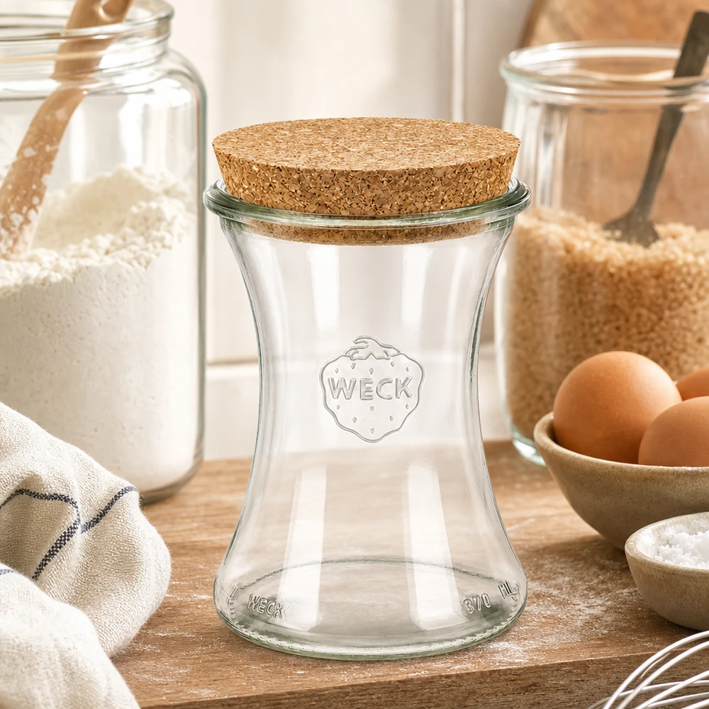 WECK Vorratsglas 370ml RR80 mit Korkdeckel in rustikaler Küche zwischen Mehlgläsern Eiern und Backzutaten