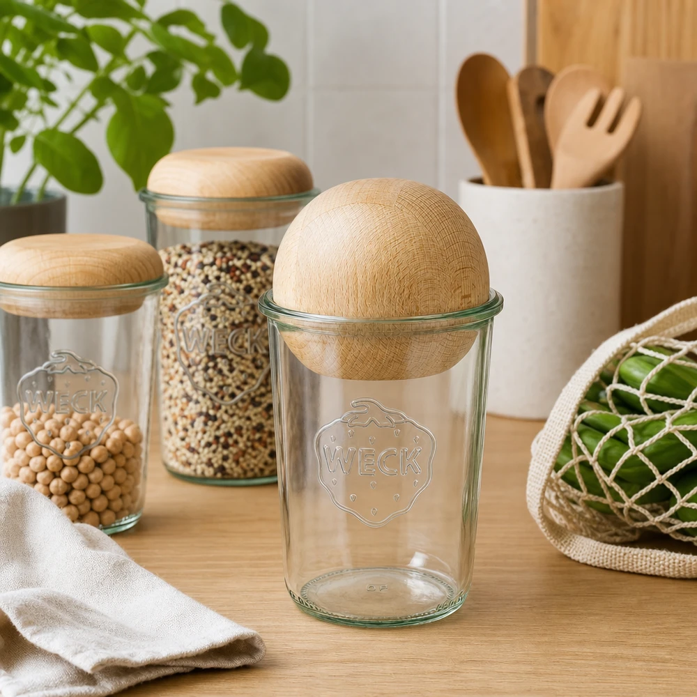 WECK RR100 Sturzglas 850ml leer mit Buche-Holzkugel auf Holztisch, nachhaltige Kücheneinrichtung mit Vorratsutensilien