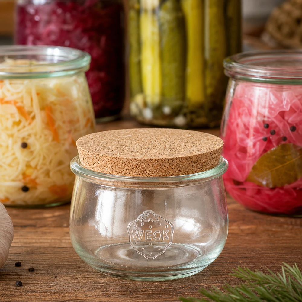 WECK Tulpenglas RR100 580ml mit Naturkorken zwischen fermentierten Gemüse-Gläsern und eingelegten Gurken Dekoration