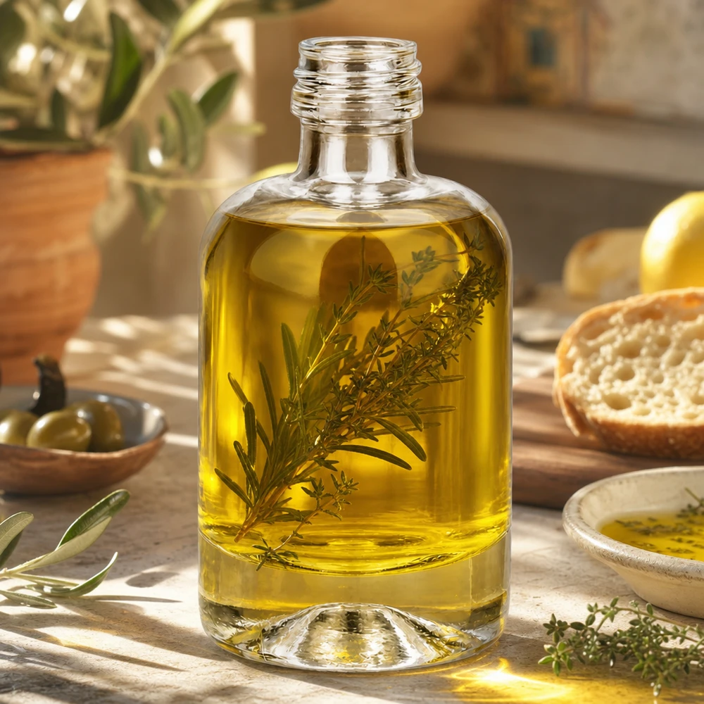 40ml Glasflasche "Sara" ohne Schraubverschluss UNiTWIST 40ml Glasflasche Sara mit Kräuteröl befüllt als Anwendungsbeispiel für Kosmetik und Aromatherapie