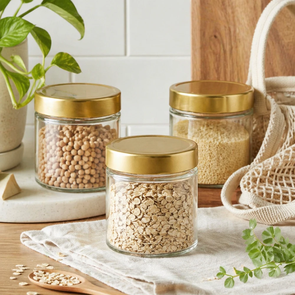 154ml Rundglas mit BasicSeal Deckel gold deep UNiTWIST 154ml Rundglas BasicSeal gold Vorratsdosen Set Haferflocken Kichererbsen Quinoa nachhaltige Küchen Aufbewahrung