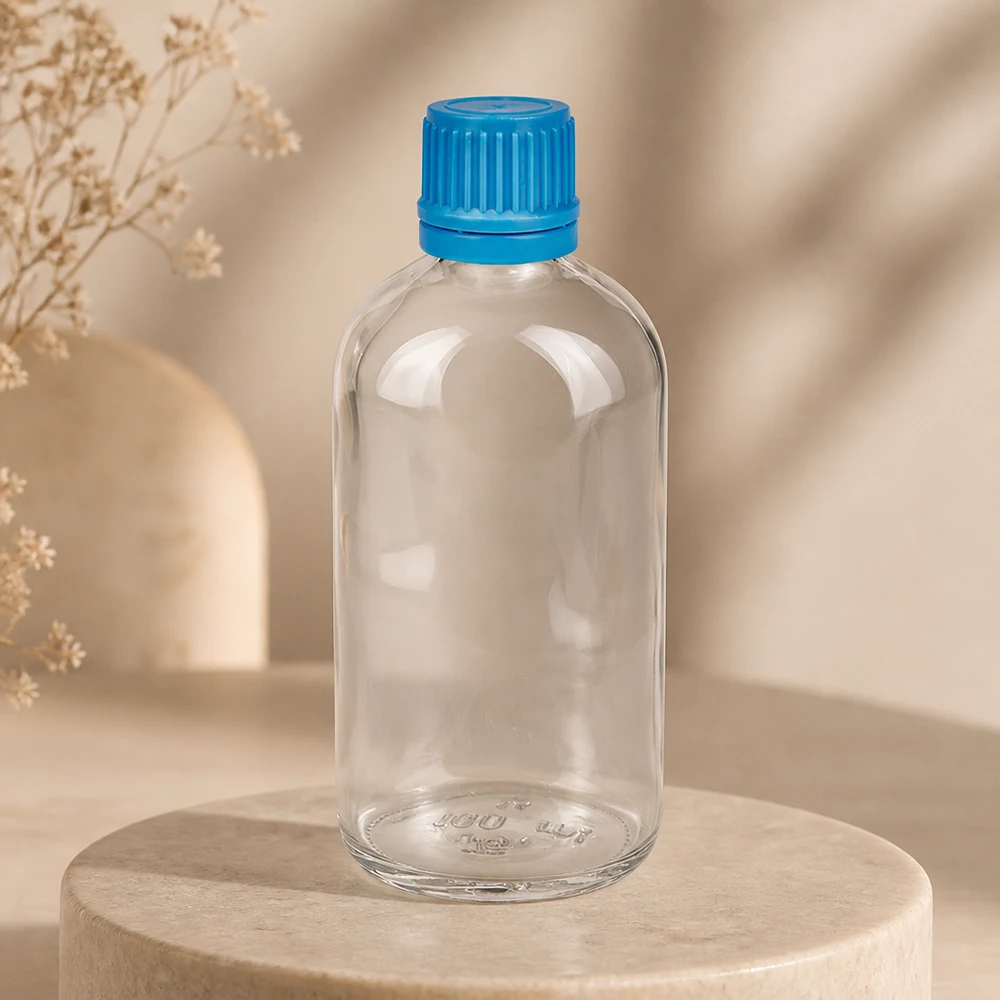 100ml Flasche 11mm Schraubverschluss blau Originalitätsverschluss ClearLine UT18/100 Minimalistische 100ml ClearLine Flasche UT18 mit blauem OV Verschluss im Lifestyle-Setting