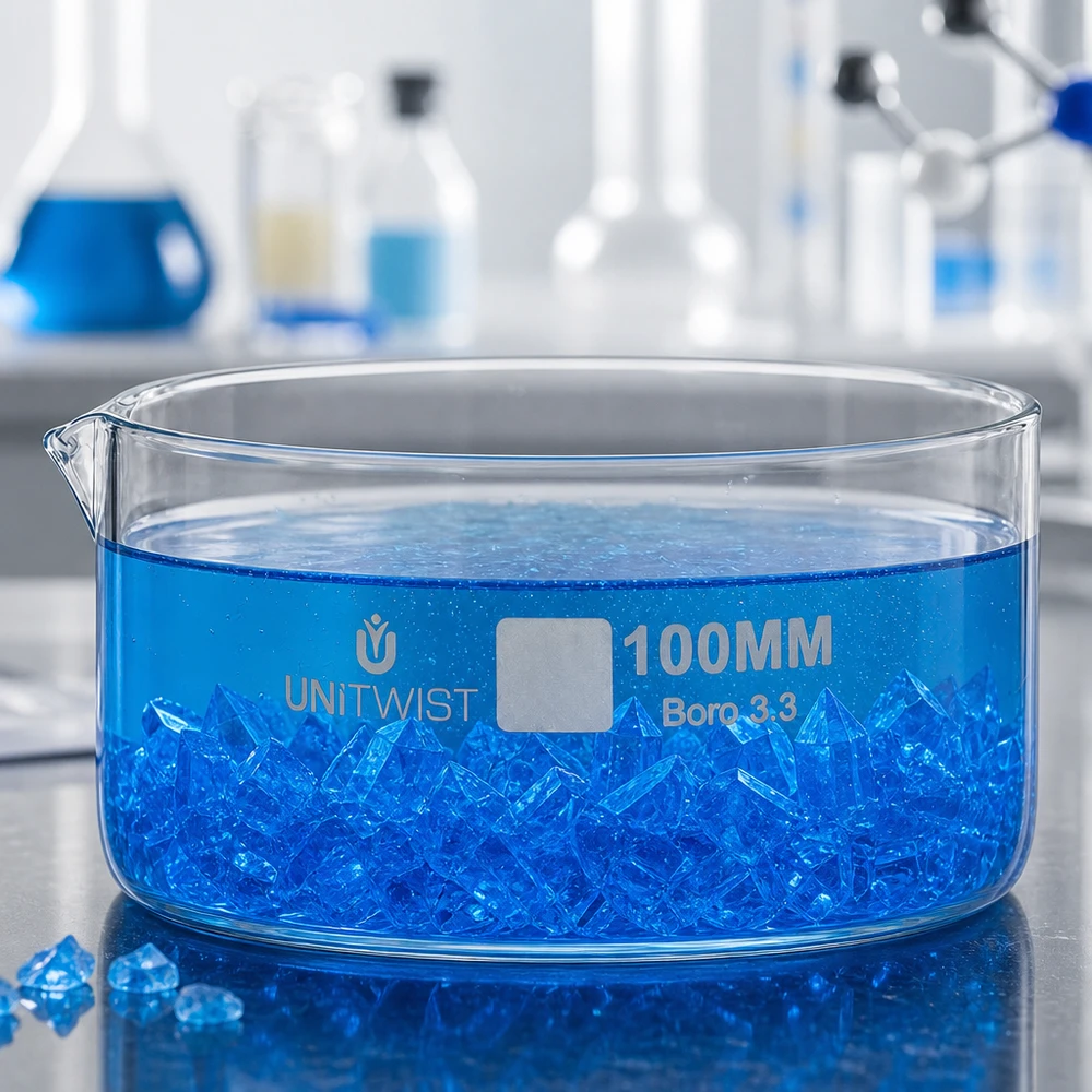 Kristallisierschale UNiTWIST 100mm niedriges Profil Borosilikatglas Laboranwendung blau