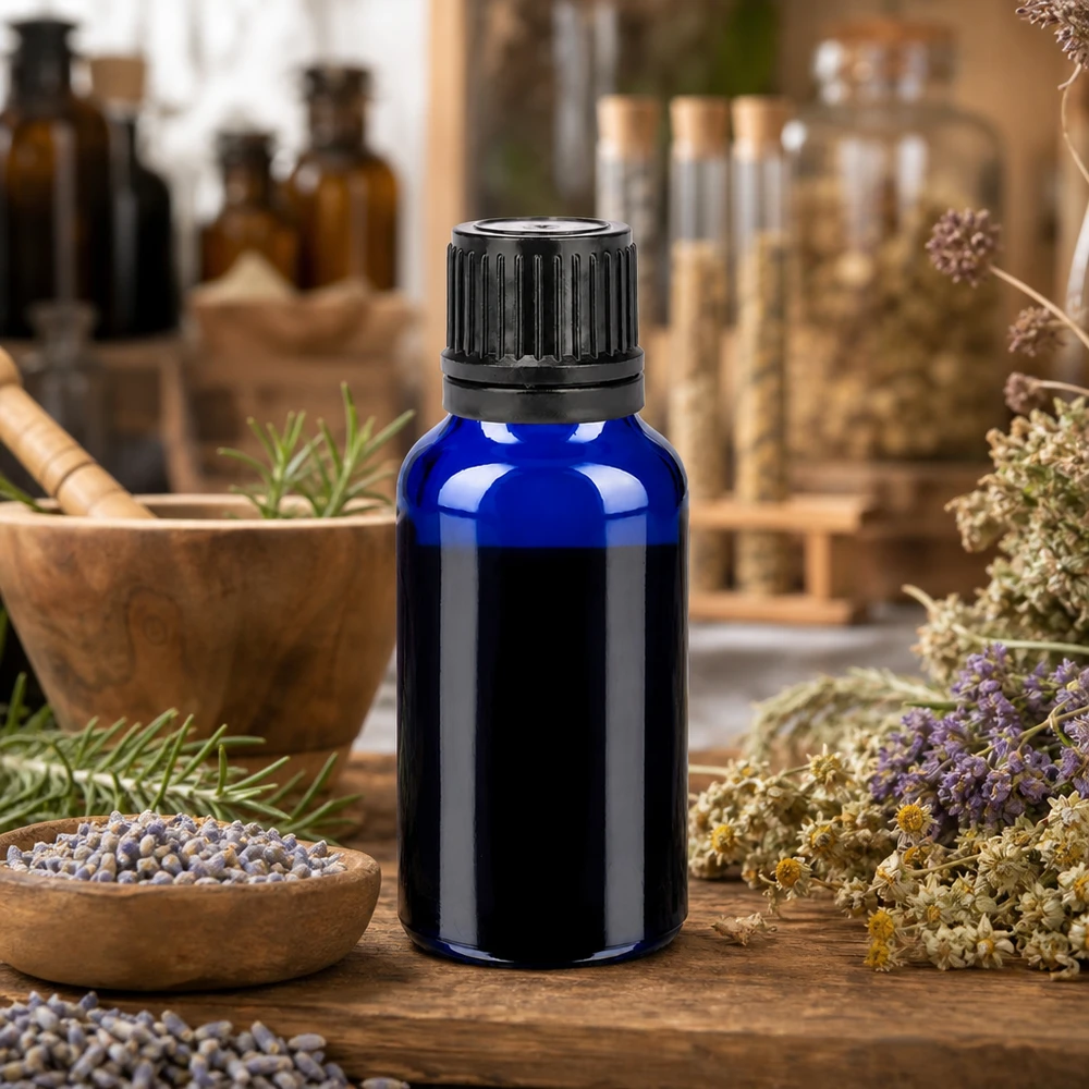20ml Blauglas Aromaflasche mit ergonomischem schwarzem Schraubverschluss für einfache Handhabung