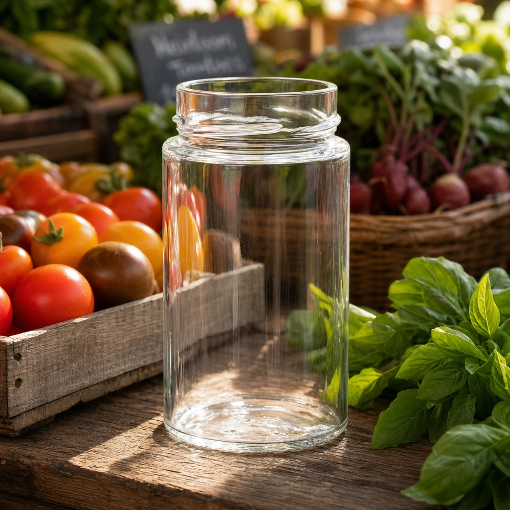 245ml Rundglas ohne Deckel (TO58deep) UNiTWIST UNiTWIST Runda245 Rundglas 245ml TO58deep Einmachglas transparent auf Holztisch mit frischen Tomaten und Kräutern