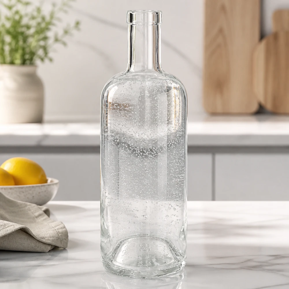 750ml Glasflasche "Attila" ohne Verschluss UNiTWIST® 750ml Glasflasche Emma leer in weißer Küche auf Marmorplatte mit Zitrone und Geschirrtuch als Dekoration