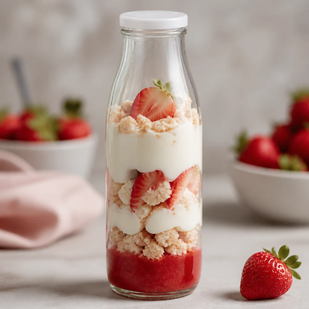 500ml Glasflasche mit weißem BasicSeal Deckel als Dessertglas mit Erdbeeren Sahne und Streuseln befüllt