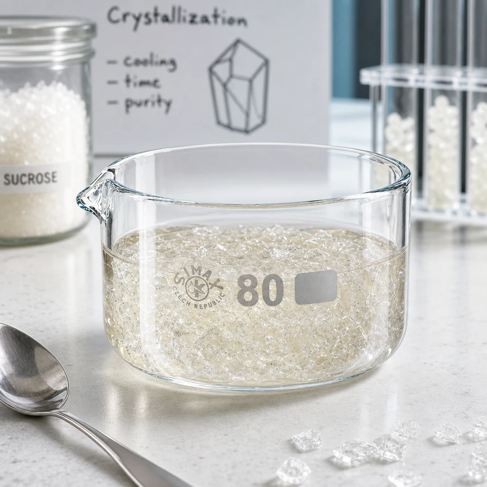150ml Kristallisierschale mit Ausguss Borosilikat ø80mm Niedrige zylindrische Kristallisierschale 150ml mit Ausguss und Kristallisationsexperiment ø80mm