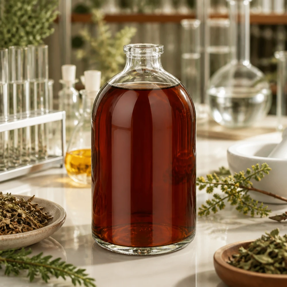 Kleine Klarglas Injektionsflasche 100ml mit dunklem Kräuterauszug zwischen Reagenzgläsern und Schalen