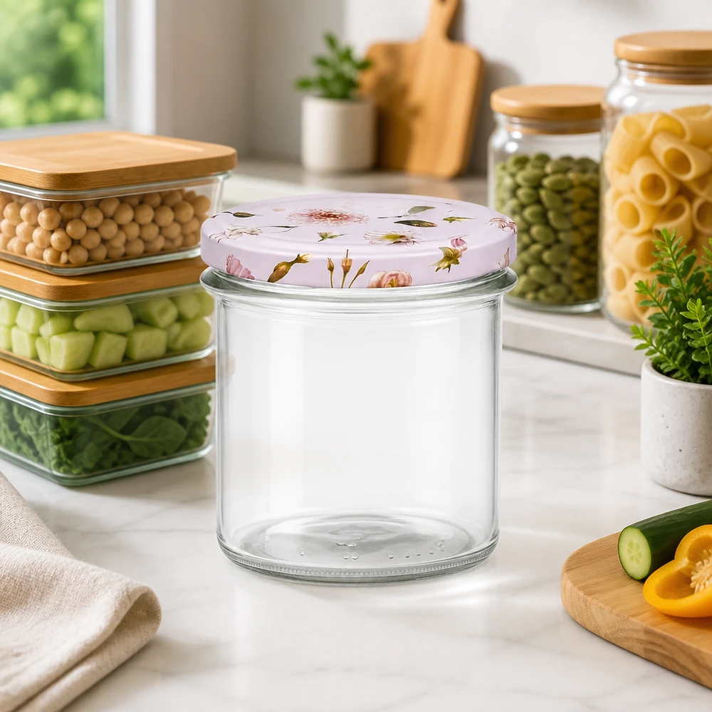 Leeres 350ml Sturzglas mit rosa Blumendeckel zwischen Vorratsbehältern auf Küchenarbeitsplatte Einmachglas leer