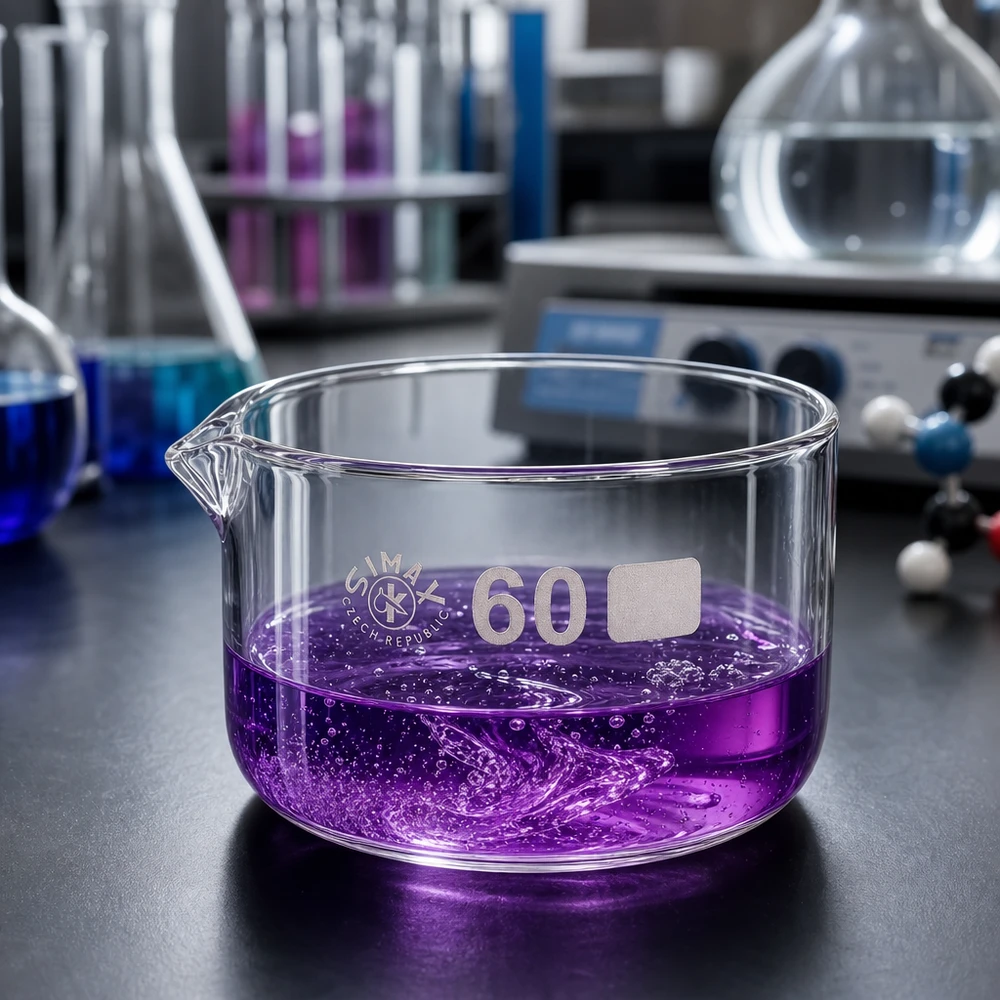 60ml Kristallisierschale mit Ausguss Borosilikat ø60mm Kristallisierschale 60ml Durchmesser 60mm violette Lösung aktive Reaktion Laborumgebung Glasschale