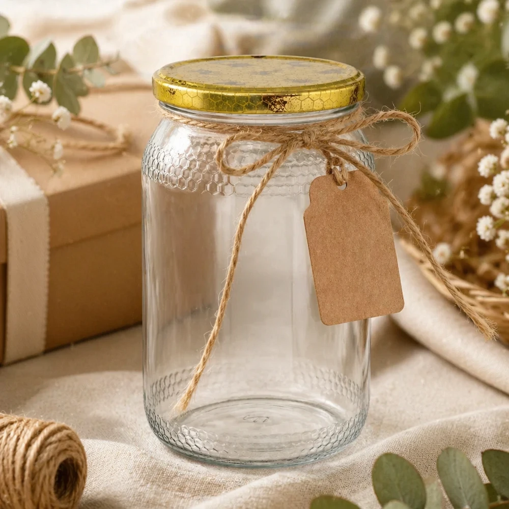 1260g Honigglas + BasicSeal Deckel Bienenwabe UNiTWIST 900ml Honigglas leer mit Kraftpapier-Anhänger und Juteschnur als Geschenkverpackung rustikale Dekoration